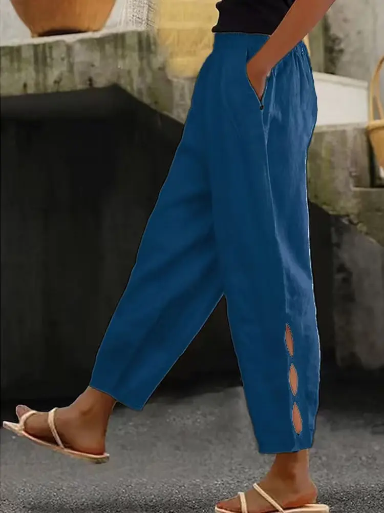 Women Fashion Embroidered Lace Trousers Vintage Lace-Up Pockets Pants Summer Elegant Loose Elastic Waist Long Pants Streetwears