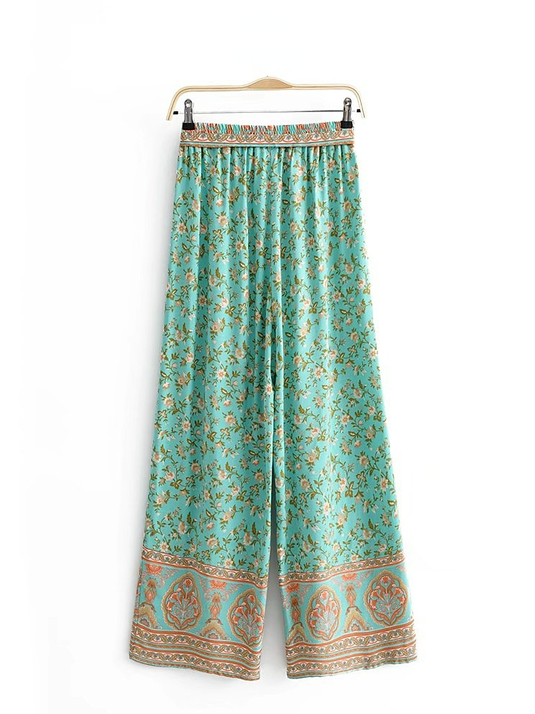Vintage Chic Women Green Floral Print Bohemian Wide Leg Pants Lady Elastic Waist Loose Rayon Boho Long Pants Oversize Trousers