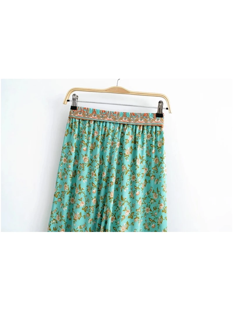 Vintage Chic Women Green Floral Print Bohemian Wide Leg Pants Lady Elastic Waist Loose Rayon Boho Long Pants Oversize Trousers