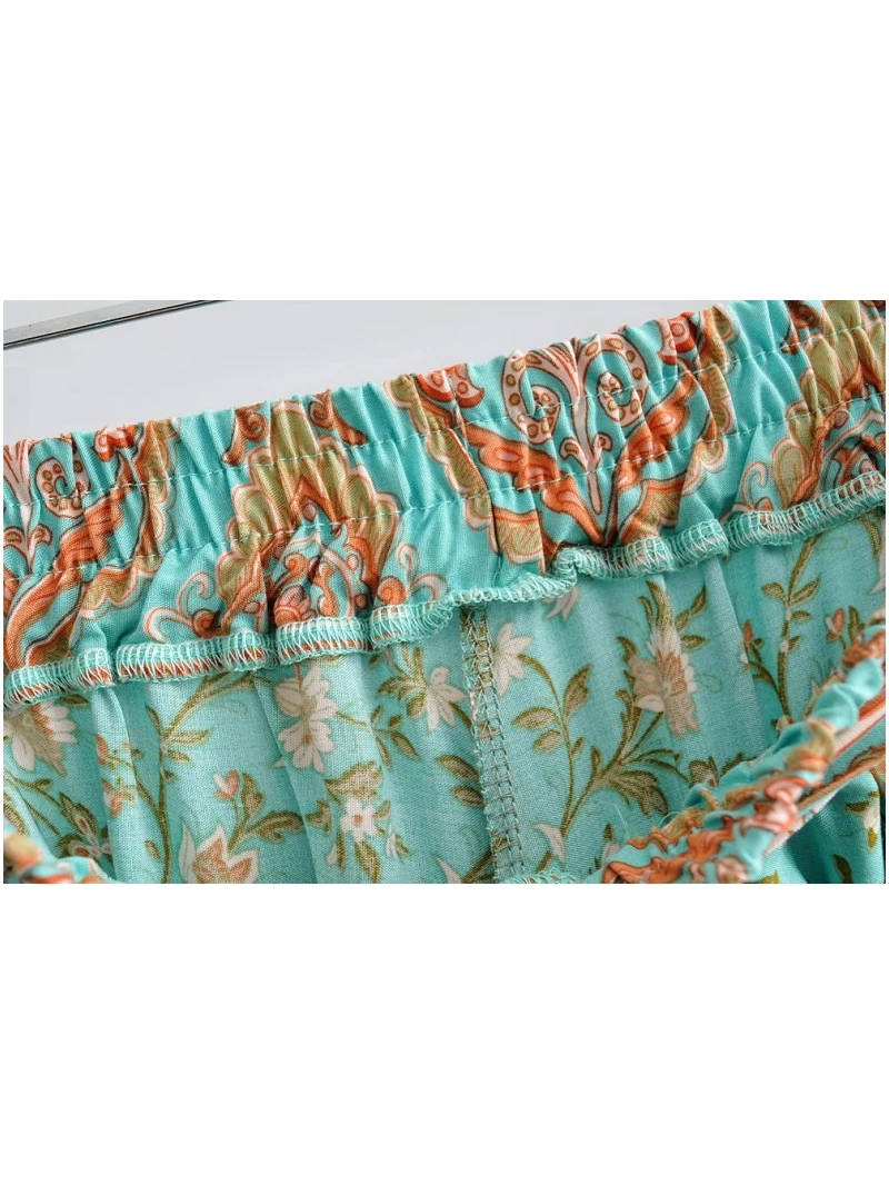 Vintage Chic Women Green Floral Print Bohemian Wide Leg Pants Lady Elastic Waist Loose Rayon Boho Long Pants Oversize Trousers