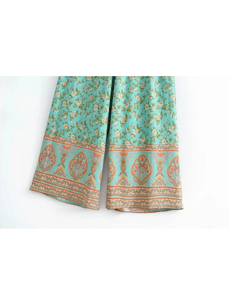 Vintage Chic Women Green Floral Print Bohemian Wide Leg Pants Lady Elastic Waist Loose Rayon Boho Long Pants Oversize Trousers