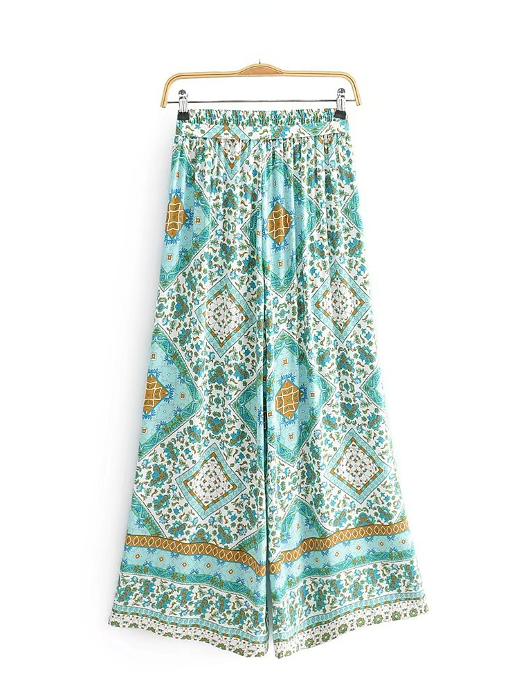 Vintage Chic Women Green Floral Print Bohemian Wide Leg Pants Lady Elastic Waist Loose Rayon Boho Long Pants Oversize Trousers