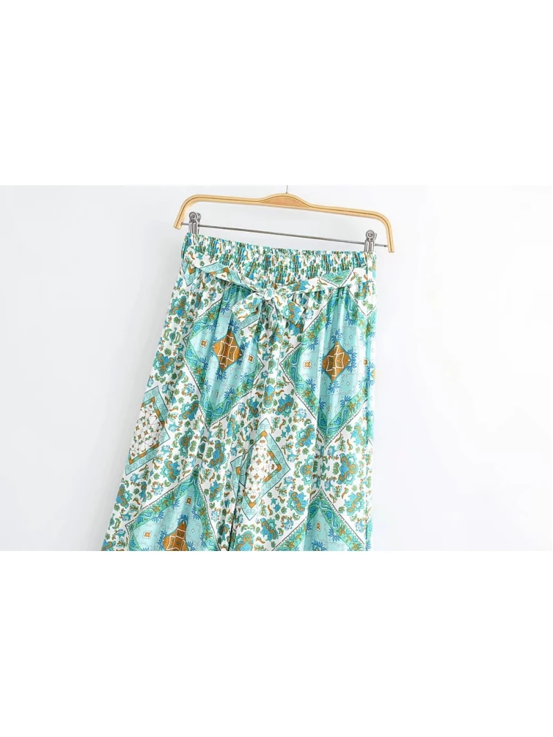 Vintage Chic Women Green Floral Print Bohemian Wide Leg Pants Lady Elastic Waist Loose Rayon Boho Long Pants Oversize Trousers
