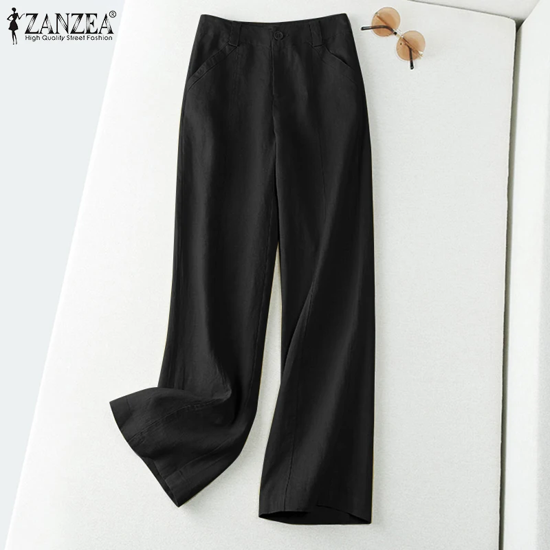 ZANZEA 2026 Spring Summer Cotton Linen Pants Women Long Trousers Wide Leg Plain Holiday Casual Pants Streetwear Fashion Bottoms