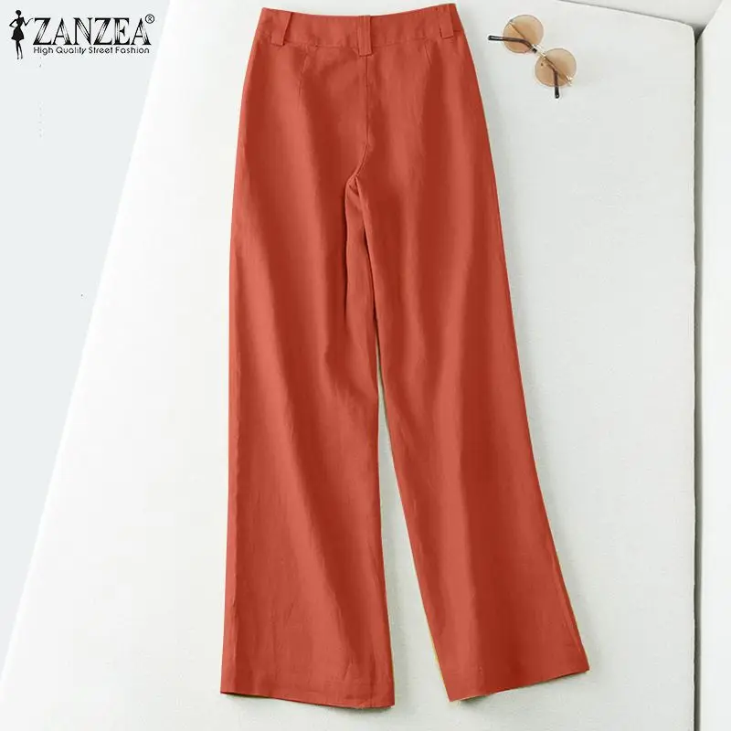 ZANZEA 2026 Spring Summer Cotton Linen Pants Women Long Trousers Wide Leg Plain Holiday Casual Pants Streetwear Fashion Bottoms