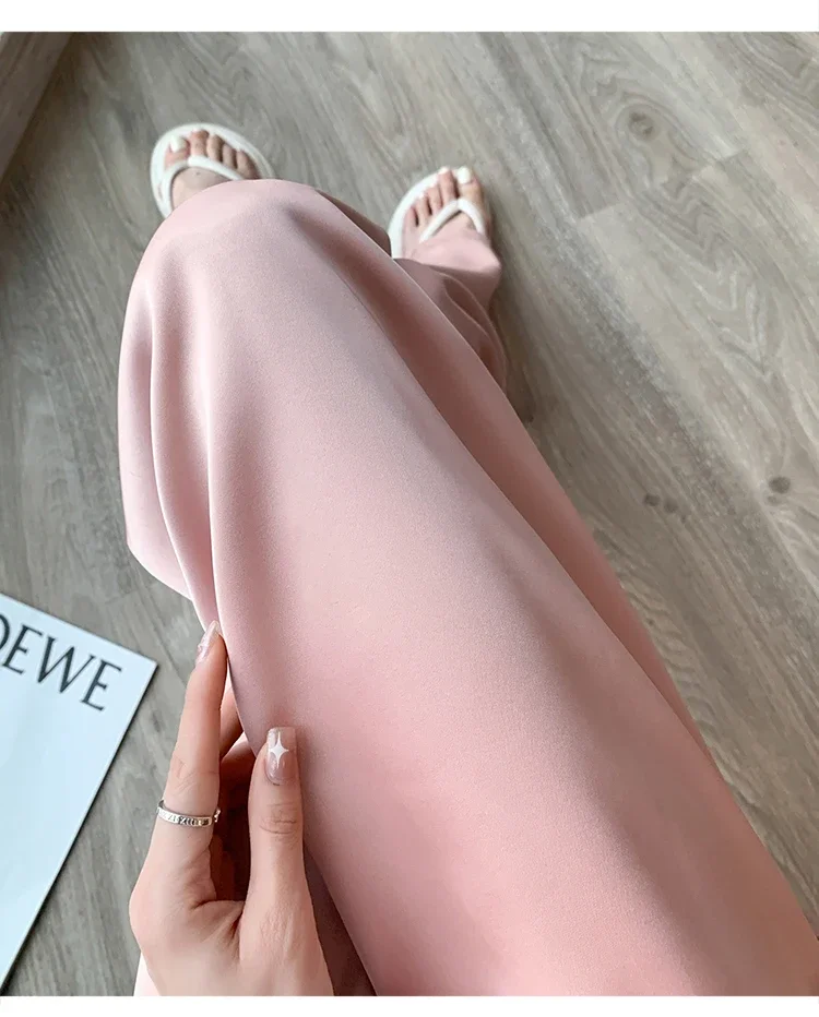 Women's Wide Leg Pants Summer Ice Silk Straight Trousers High Waist Ladies Casual Loose Satin Soft Full-length Pants for Women