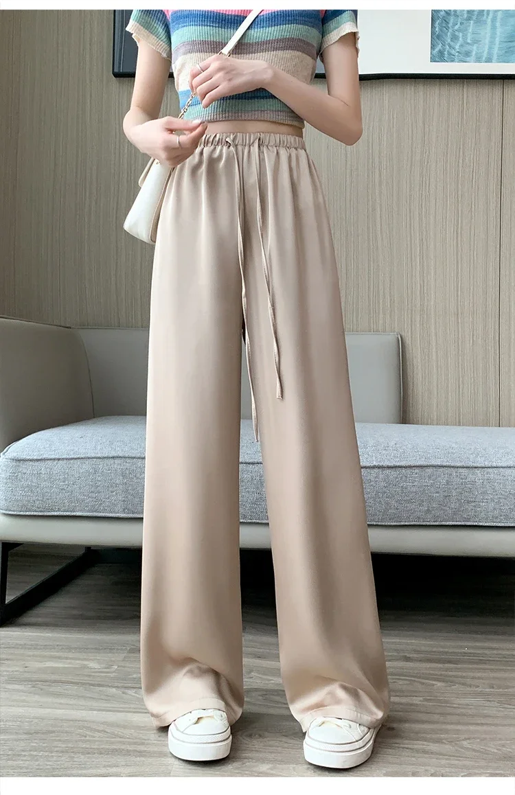 Women's Wide Leg Pants Summer Ice Silk Straight Trousers High Waist Ladies Casual Loose Satin Soft Full-length Pants for Women