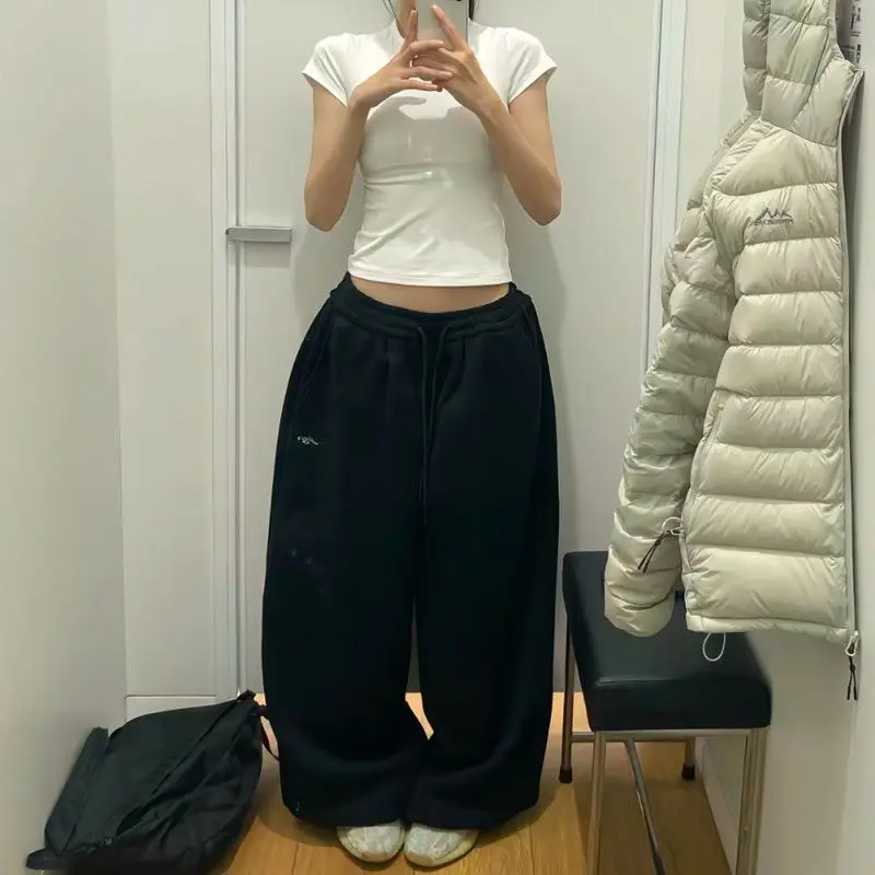 Y2K Streetwear Gray Sweatpants Woman Korean Oversized Loose All Match Sports Pant High Waist Drawstring Casual Wide Leg Trousers