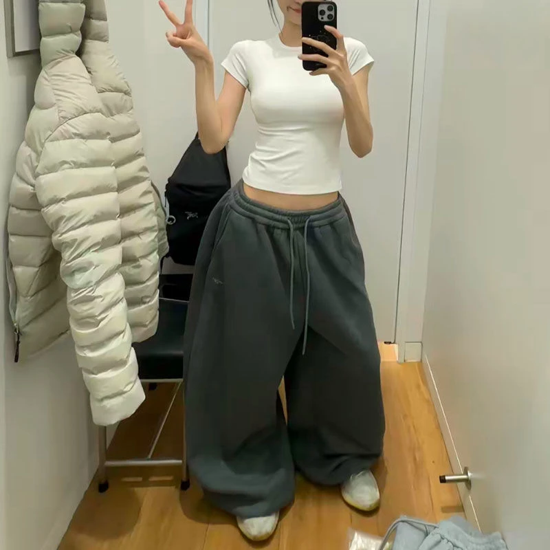 Y2K Streetwear Gray Sweatpants Woman Korean Oversized Loose All Match Sports Pant High Waist Drawstring Casual Wide Leg Trousers