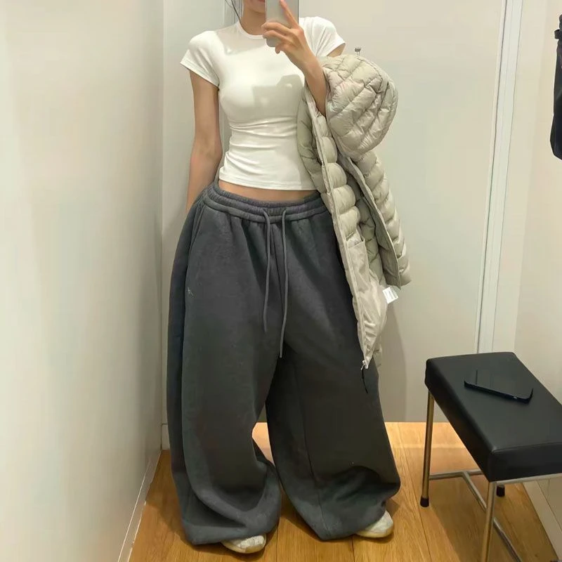 Y2K Streetwear Gray Sweatpants Woman Korean Oversized Loose All Match Sports Pant High Waist Drawstring Casual Wide Leg Trousers