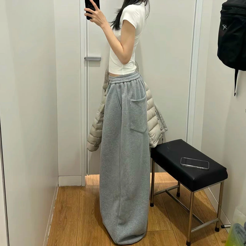 Y2K Streetwear Gray Sweatpants Woman Korean Oversized Loose All Match Sports Pant High Waist Drawstring Casual Wide Leg Trousers
