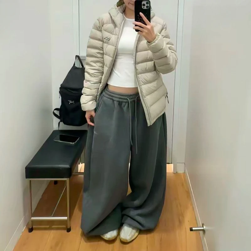 Y2K Streetwear Gray Sweatpants Woman Korean Oversized Loose All Match Sports Pant High Waist Drawstring Casual Wide Leg Trousers