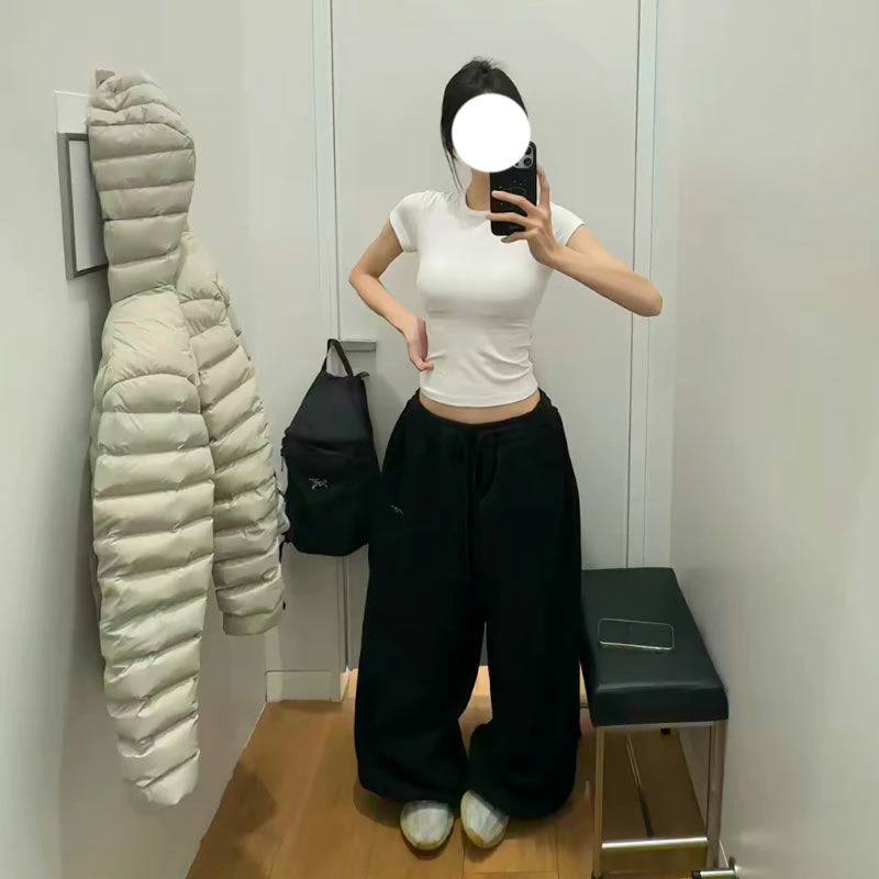 Y2K Streetwear Gray Sweatpants Woman Korean Oversized Loose All Match Sports Pant High Waist Drawstring Casual Wide Leg Trousers