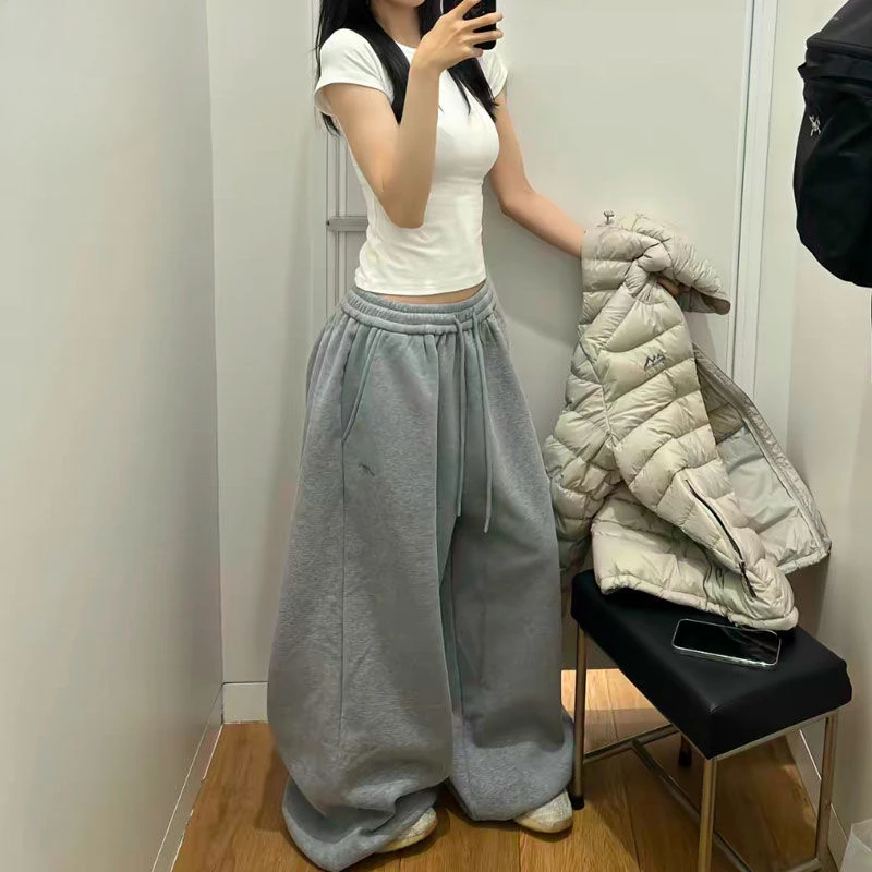 Y2K Streetwear Gray Sweatpants Woman Korean Oversized Loose All Match Sports Pant High Waist Drawstring Casual Wide Leg Trousers