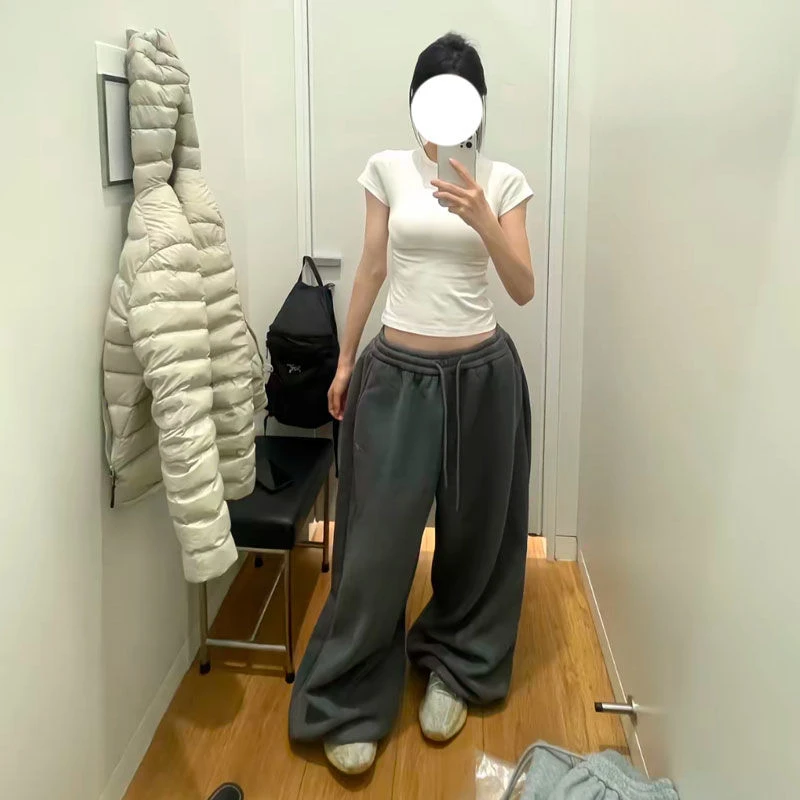 Y2K Streetwear Gray Sweatpants Woman Korean Oversized Loose All Match Sports Pant High Waist Drawstring Casual Wide Leg Trousers