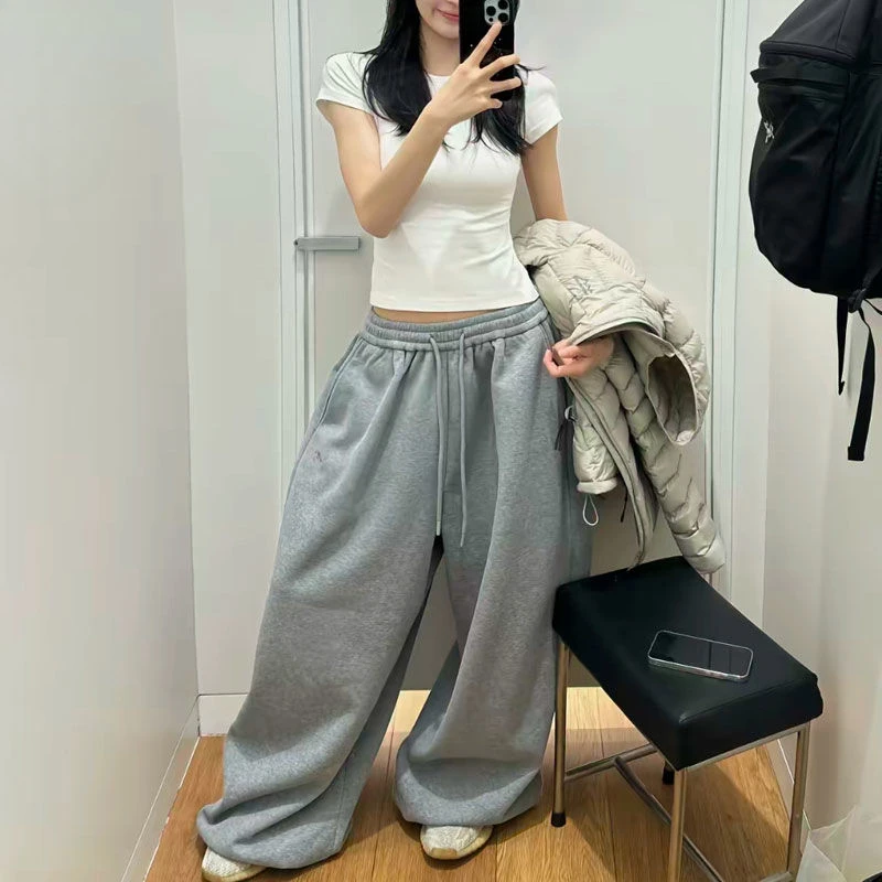 Y2K Streetwear Gray Sweatpants Woman Korean Oversized Loose All Match Sports Pant High Waist Drawstring Casual Wide Leg Trousers