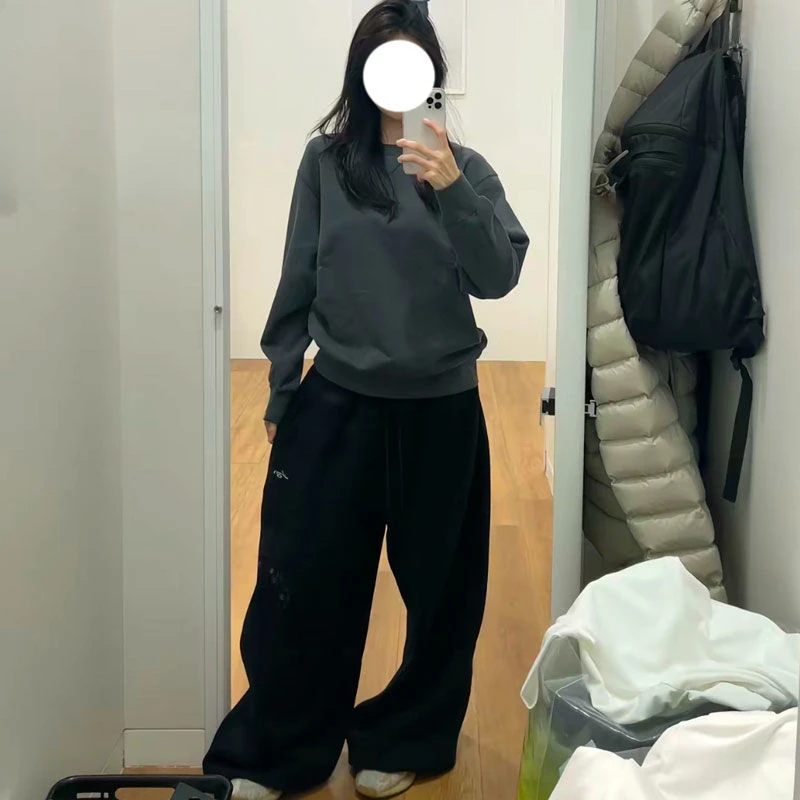 Y2K Streetwear Gray Sweatpants Woman Korean Oversized Loose All Match Sports Pant High Waist Drawstring Casual Wide Leg Trousers