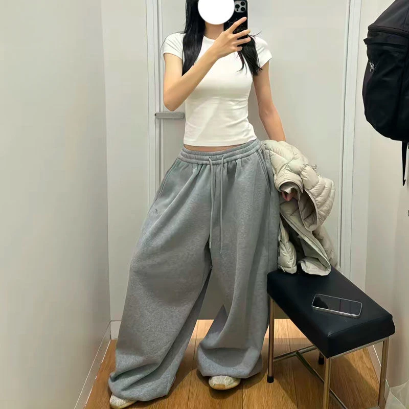 Y2K Streetwear Gray Sweatpants Woman Korean Oversized Loose All Match Sports Pant High Waist Drawstring Casual Wide Leg Trousers