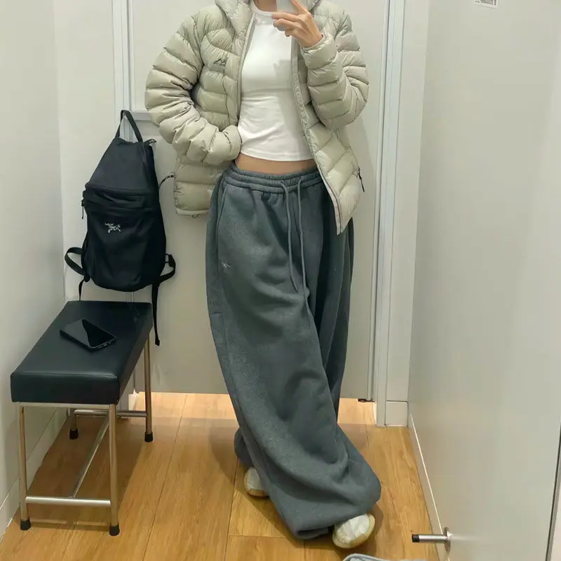 Y2K Streetwear Gray Sweatpants Woman Korean Oversized Loose All Match Sports Pant High Waist Drawstring Casual Wide Leg Trousers