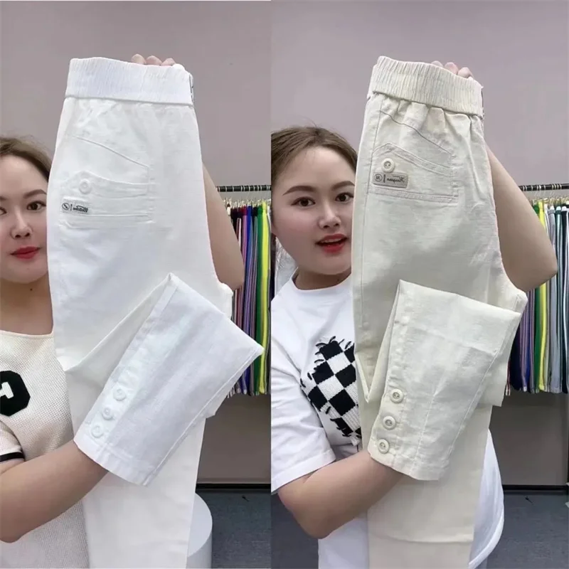 Women Cotton Linen Harun Pants Spring Summer New Fashion High Waist All-Match Thin Casual Pants Female Nine-Point Pants Ladies