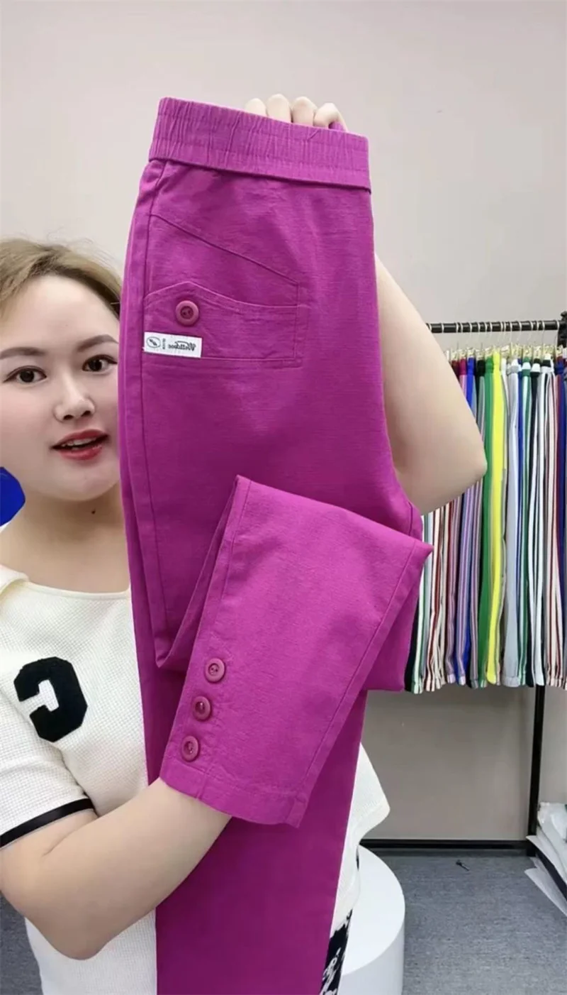 Women Cotton Linen Harun Pants Spring Summer New Fashion High Waist All-Match Thin Casual Pants Female Nine-Point Pants Ladies