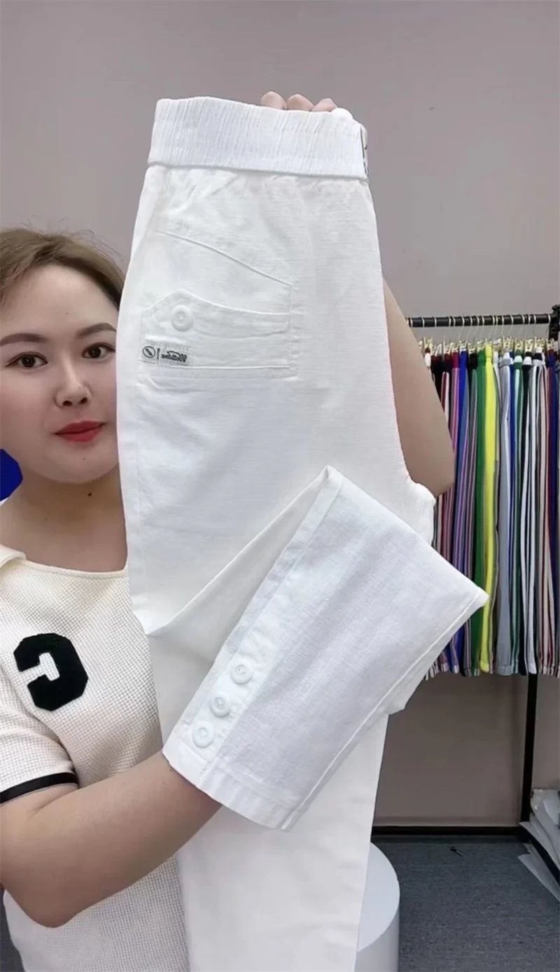 Women Cotton Linen Harun Pants Spring Summer New Fashion High Waist All-Match Thin Casual Pants Female Nine-Point Pants Ladies