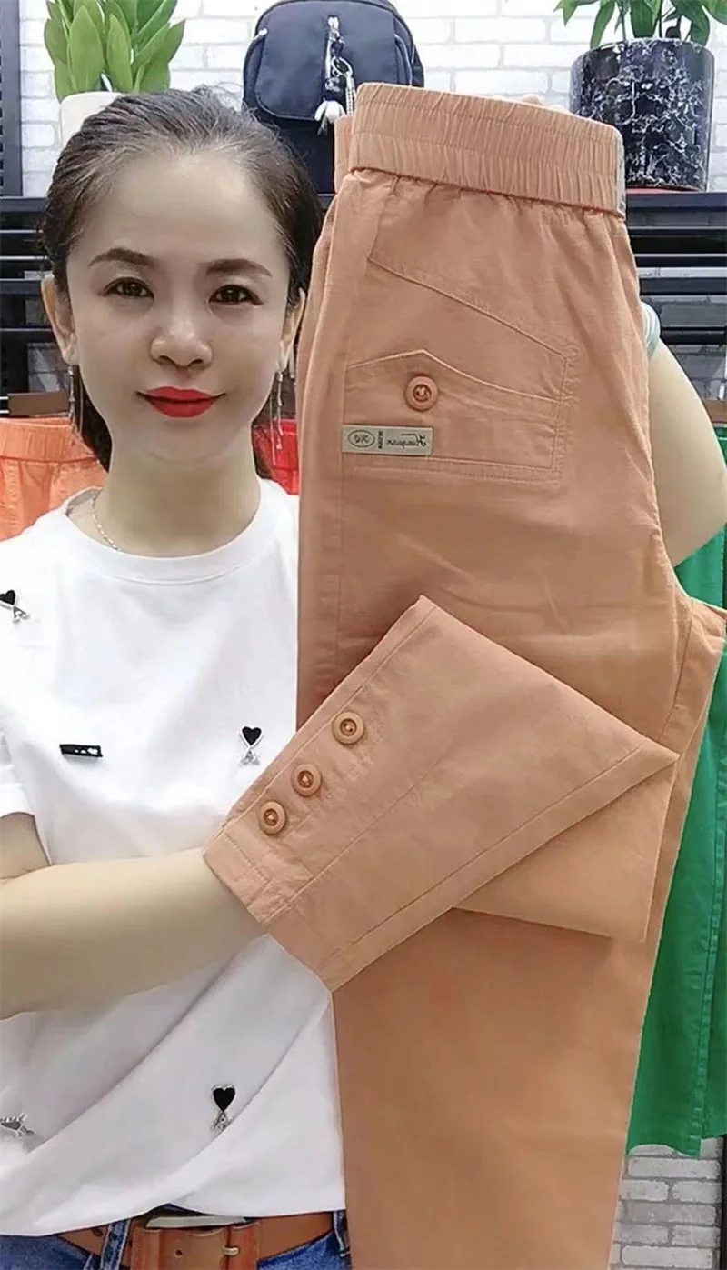 Women Cotton Linen Harun Pants Spring Summer New Fashion High Waist All-Match Thin Casual Pants Female Nine-Point Pants Ladies