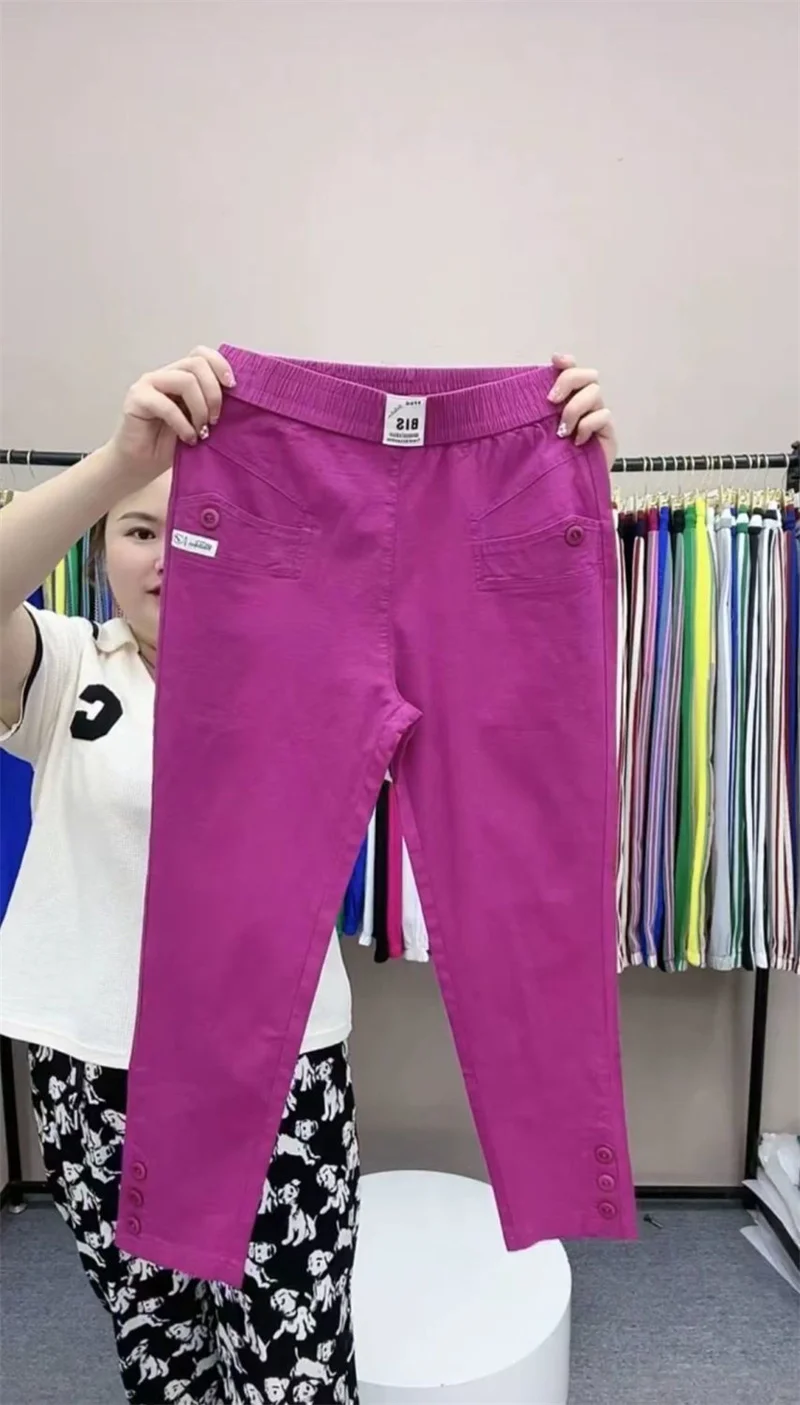 Women Cotton Linen Harun Pants Spring Summer New Fashion High Waist All-Match Thin Casual Pants Female Nine-Point Pants Ladies