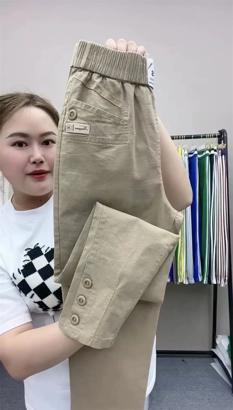 Women Cotton Linen Harun Pants Spring Summer New Fashion High Waist All-Match Thin Casual Pants Female Nine-Point Pants Ladies
