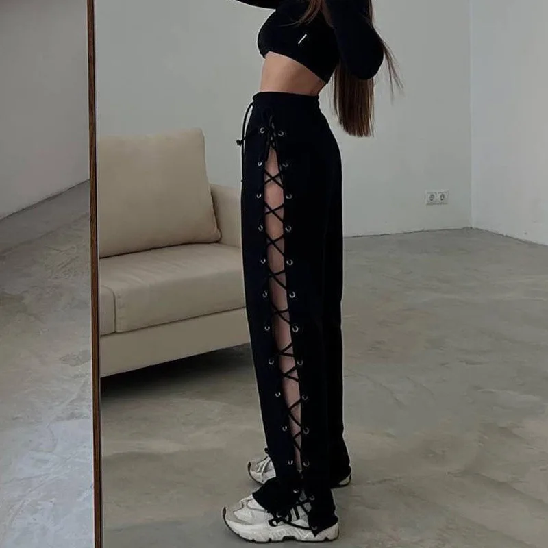 Female Casual Tie Drawstring Pant Hollow Out Bandage Sweatpants Women's Pants Solid High Waist Side Split Loose Straight Trouser