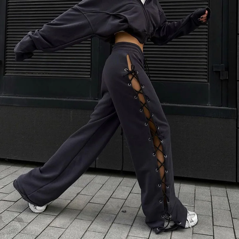 Female Casual Tie Drawstring Pant Hollow Out Bandage Sweatpants Women's Pants Solid High Waist Side Split Loose Straight Trouser