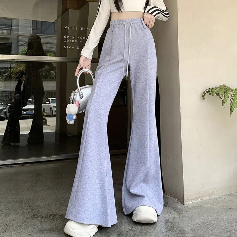 Girls Designer High Waist Flared Pants Lady Korean Slim Fit Casual Trousers Women Chic Drawstring Straight Leg Pants