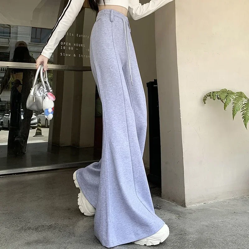 Girls Designer High Waist Flared Pants Lady Korean Slim Fit Casual Trousers Women Chic Drawstring Straight Leg Pants