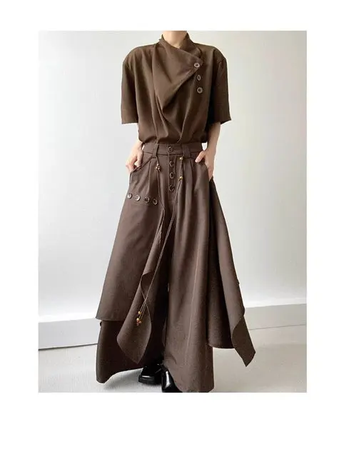 2025 Autumn New Fashion Button Irregular Skirt Pants and Wide Leg Pants Female Loose Casual All-Match Trousers Ladies Pants