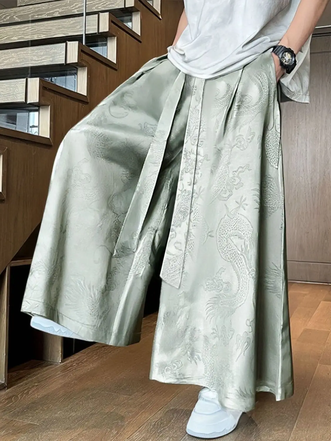 Spring Summer New Chinese Men's Jacquard Wide Leg Pants Women Loose Antique Han Hanfu Breathable Quick-drying Super Fairy Pants