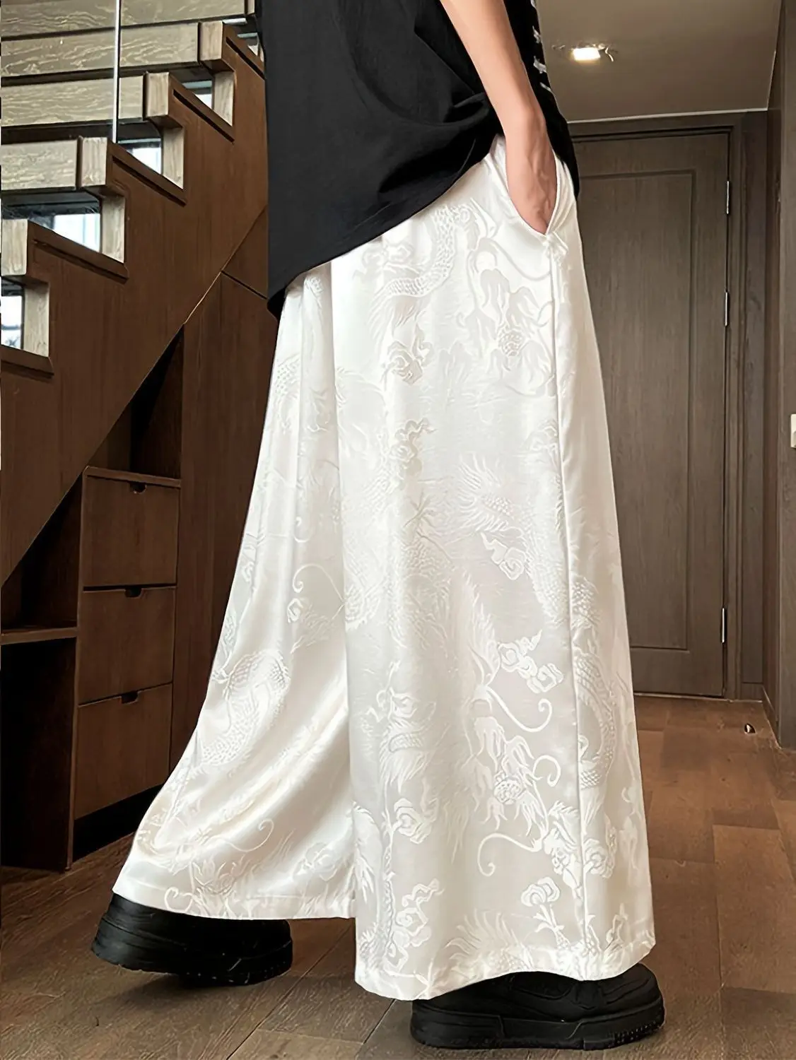 Spring Summer New Chinese Men's Jacquard Wide Leg Pants Women Loose Antique Han Hanfu Breathable Quick-drying Super Fairy Pants