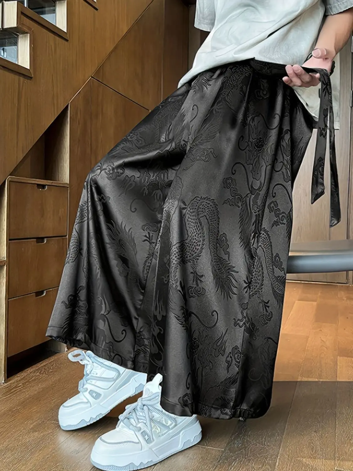 Spring Summer New Chinese Men's Jacquard Wide Leg Pants Women Loose Antique Han Hanfu Breathable Quick-drying Super Fairy Pants