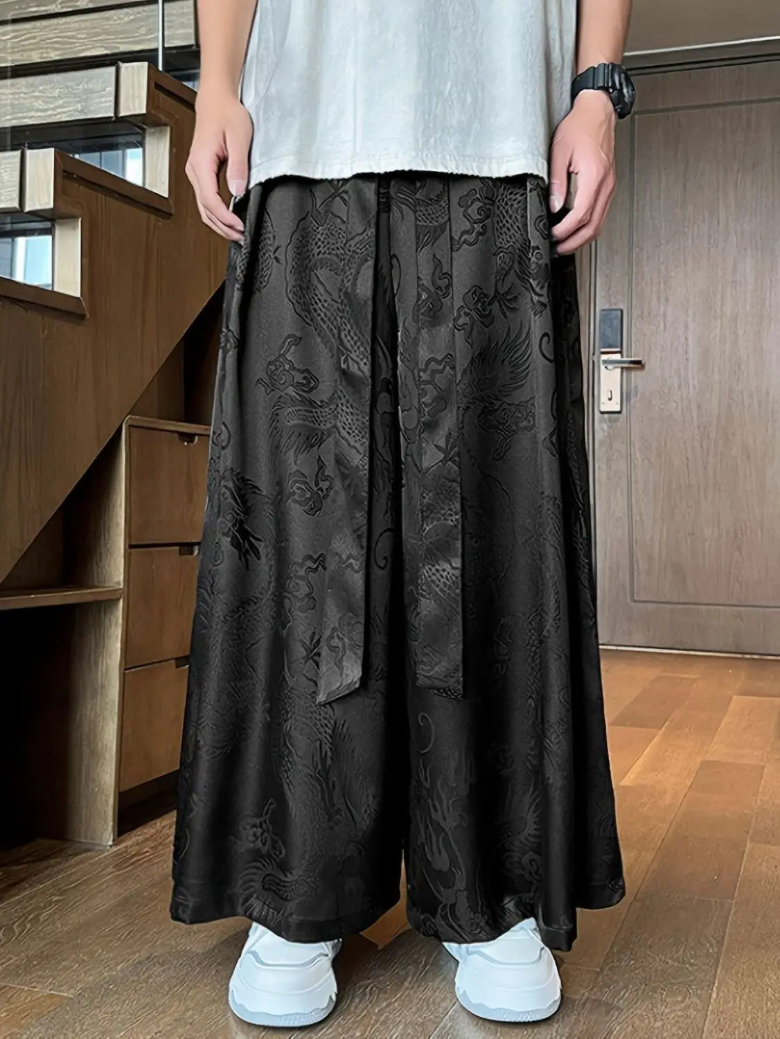 Spring Summer New Chinese Men's Jacquard Wide Leg Pants Women Loose Antique Han Hanfu Breathable Quick-drying Super Fairy Pants