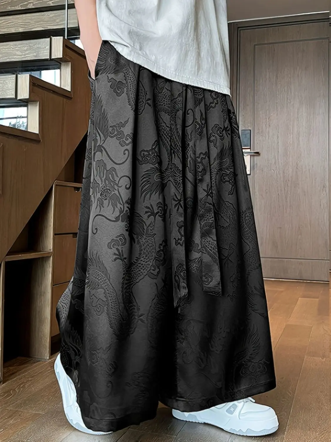 Spring Summer New Chinese Men's Jacquard Wide Leg Pants Women Loose Antique Han Hanfu Breathable Quick-drying Super Fairy Pants