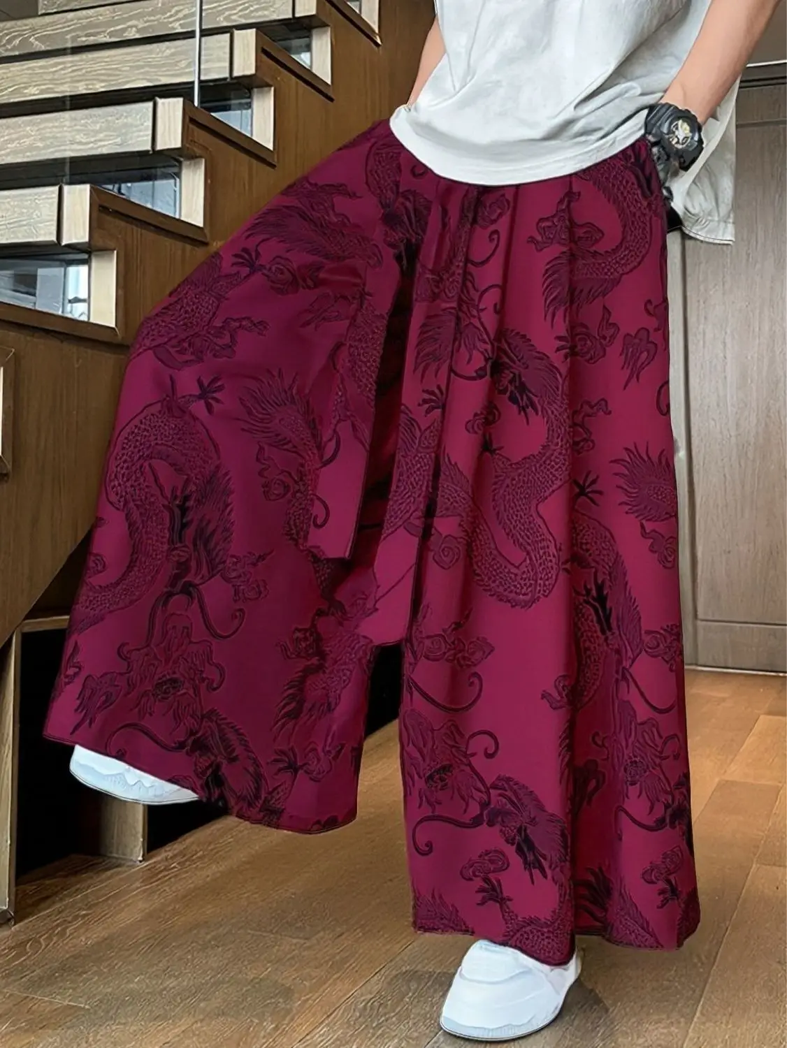 Spring Summer New Chinese Men's Jacquard Wide Leg Pants Women Loose Antique Han Hanfu Breathable Quick-drying Super Fairy Pants