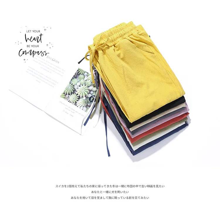 Women Pants Spring Autumn Ankle Length Casual Straight Pencil Solid Elastic Waist Harem Girls Pants Thin Cotton Linen Trousers