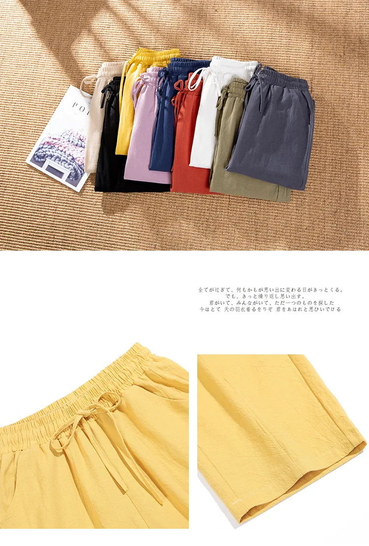 Women Pants Spring Autumn Ankle Length Casual Straight Pencil Solid Elastic Waist Harem Girls Pants Thin Cotton Linen Trousers