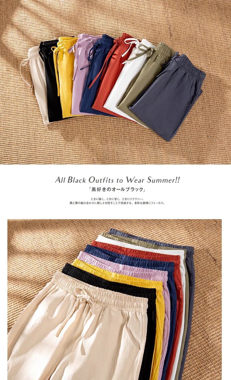 Women Pants Spring Autumn Ankle Length Casual Straight Pencil Solid Elastic Waist Harem Girls Pants Thin Cotton Linen Trousers