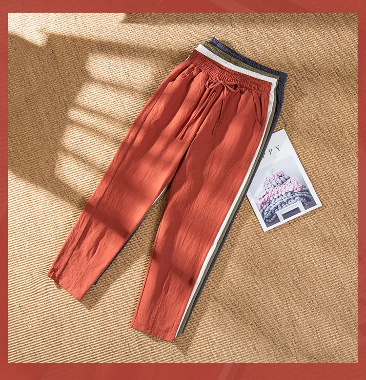 Women Pants Spring Autumn Ankle Length Casual Straight Pencil Solid Elastic Waist Harem Girls Pants Thin Cotton Linen Trousers