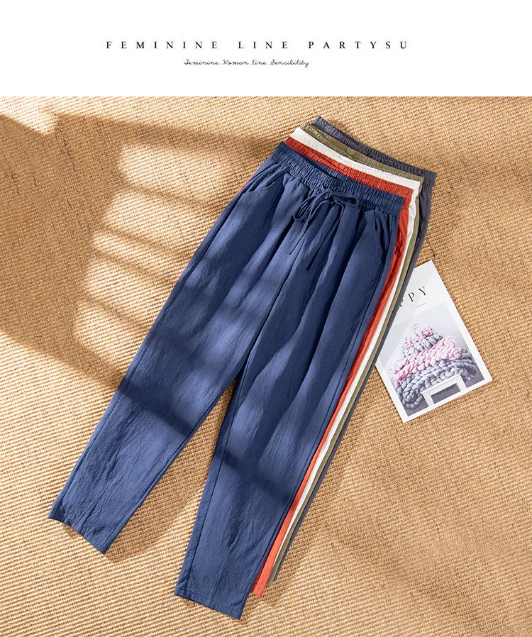 Women Pants Spring Autumn Ankle Length Casual Straight Pencil Solid Elastic Waist Harem Girls Pants Thin Cotton Linen Trousers