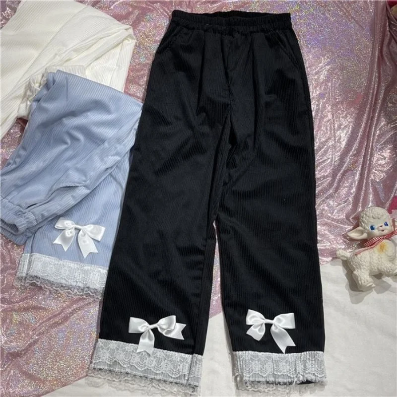 Pink Japanese Sweet Lolita Womens Kawaii High Waist Corduroy Pants Bow Lace Wide Leg Pants Y2k Clothes Casual Loose Cute Trouser
