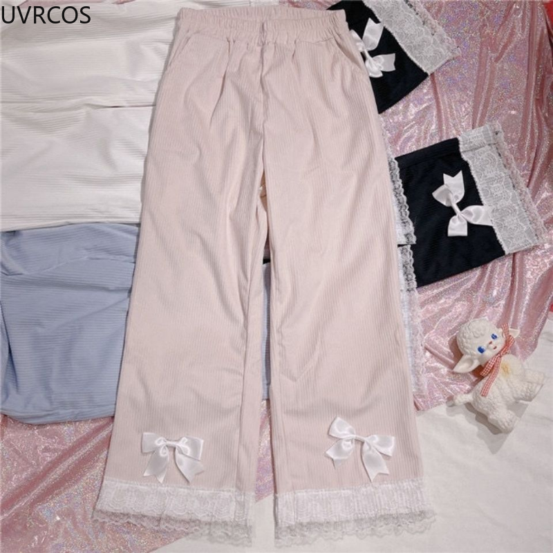 Pink Japanese Sweet Lolita Womens Kawaii High Waist Corduroy Pants Bow Lace Wide Leg Pants Y2k Clothes Casual Loose Cute Trouser
