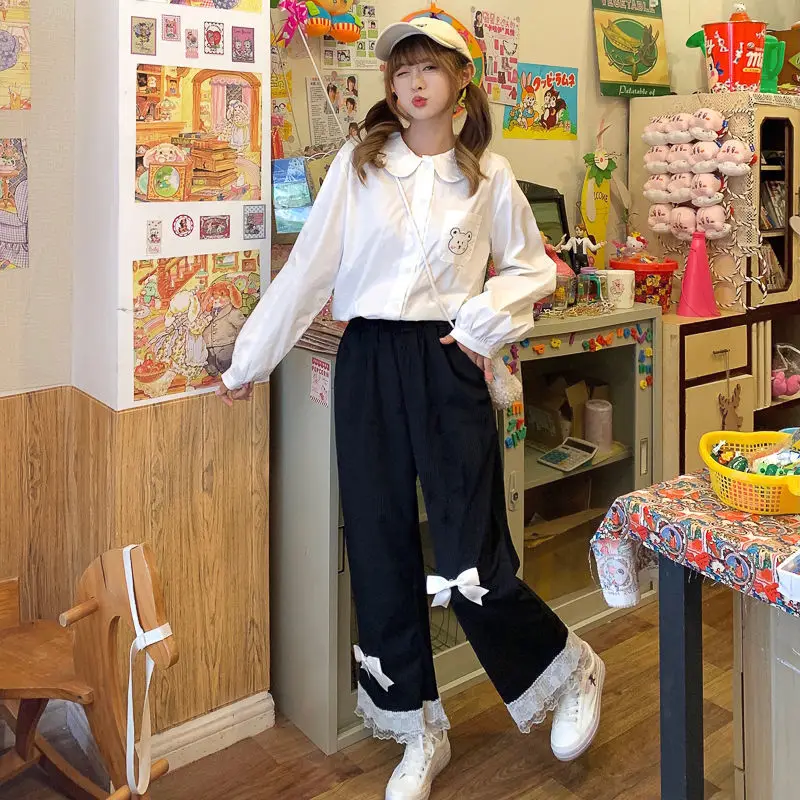Pink Japanese Sweet Lolita Womens Kawaii High Waist Corduroy Pants Bow Lace Wide Leg Pants Y2k Clothes Casual Loose Cute Trouser