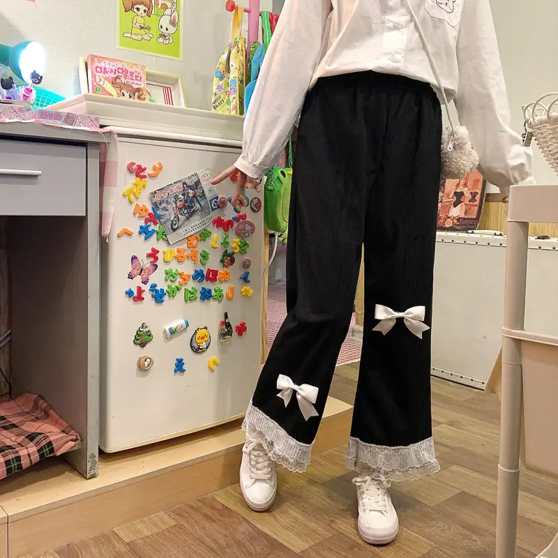 Pink Japanese Sweet Lolita Womens Kawaii High Waist Corduroy Pants Bow Lace Wide Leg Pants Y2k Clothes Casual Loose Cute Trouser