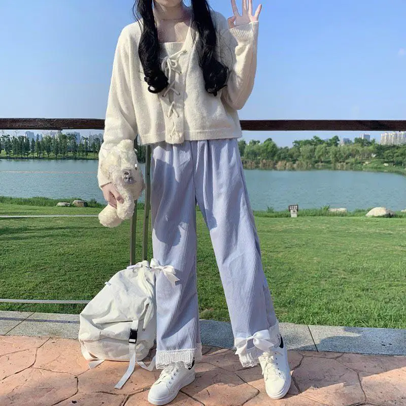 Pink Japanese Sweet Lolita Womens Kawaii High Waist Corduroy Pants Bow Lace Wide Leg Pants Y2k Clothes Casual Loose Cute Trouser